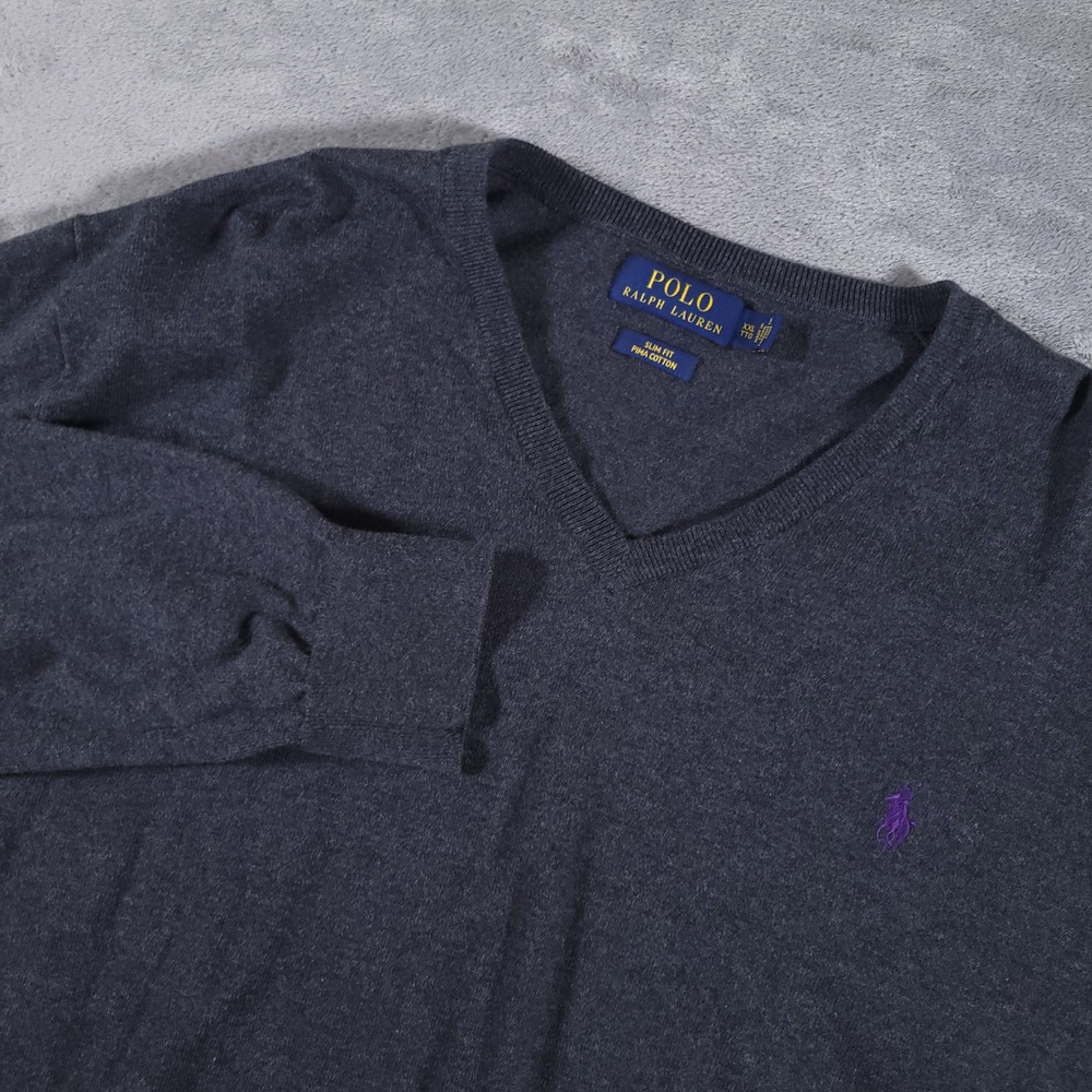 Polo Ralph Lauren Sweater Mens XXL Gray Slim Fit Pima Cotton V-Neck 710702588010
